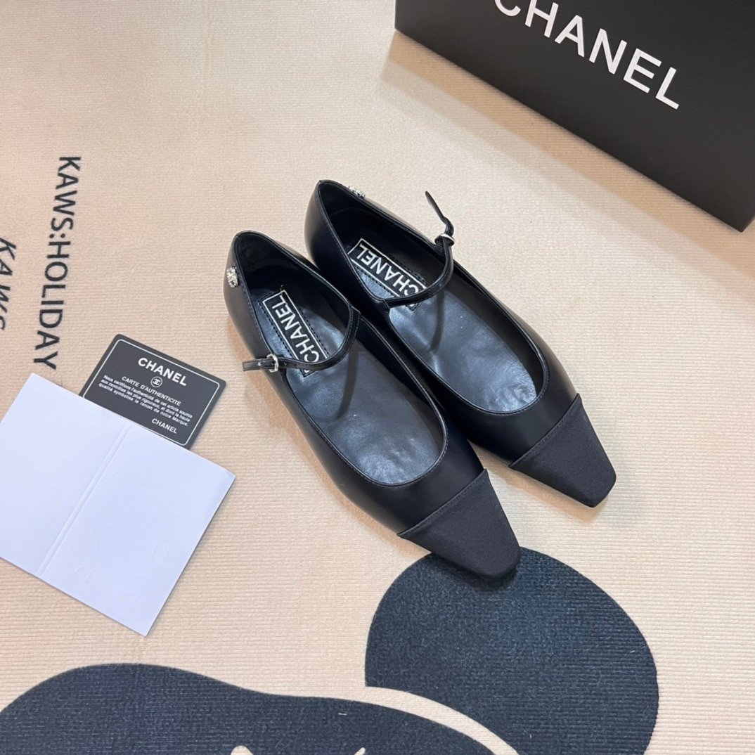 Ch**el Square Toe Ballet Flats Black