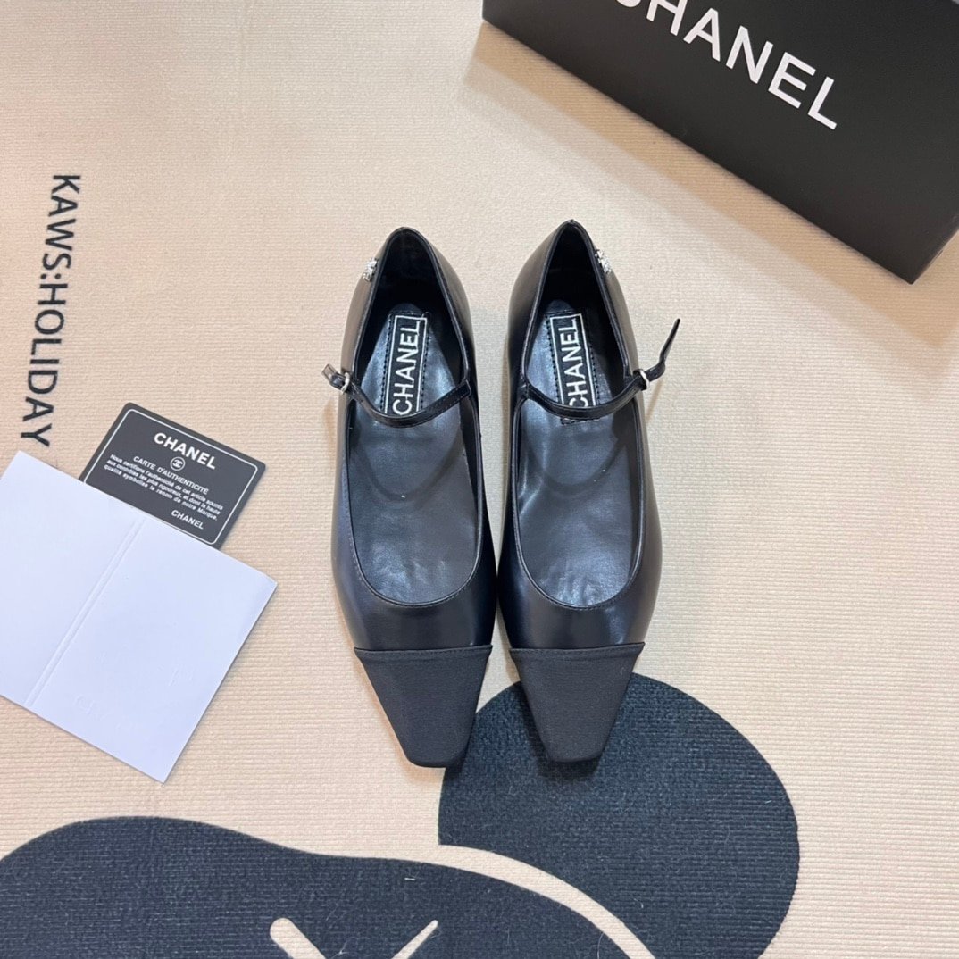 Ch**el Square Toe Ballet Flats Black