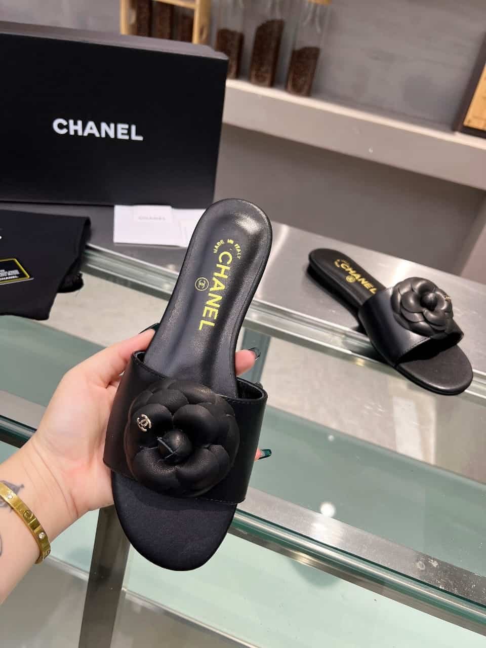 Ch**el Mules With Camellia In Black G45499 X01000 94305