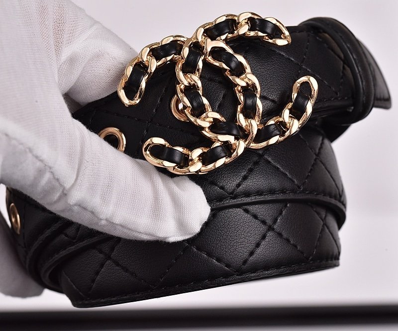Ch**el Cc Belt Gold Chain And Black Leather 28Mm