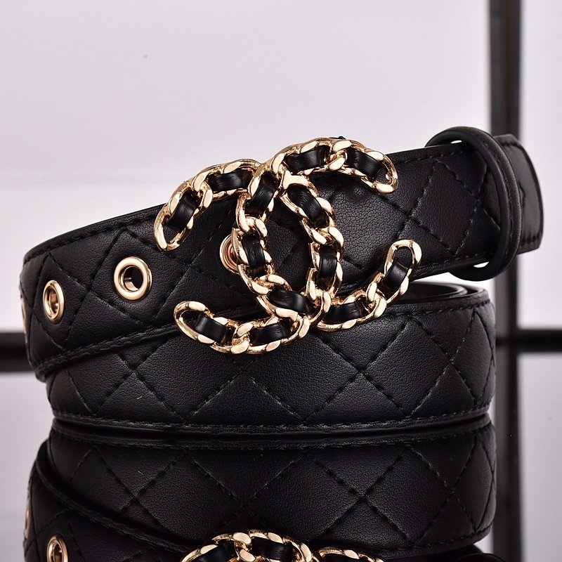 Ch**el Cc Belt Gold Chain And Black Leather 28Mm