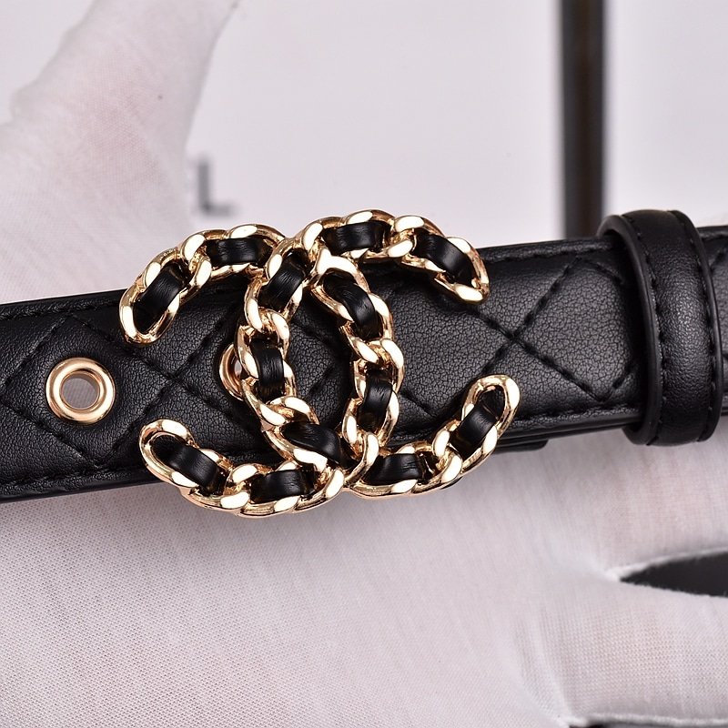Ch**el Cc Belt Gold Chain And Black Leather 28Mm