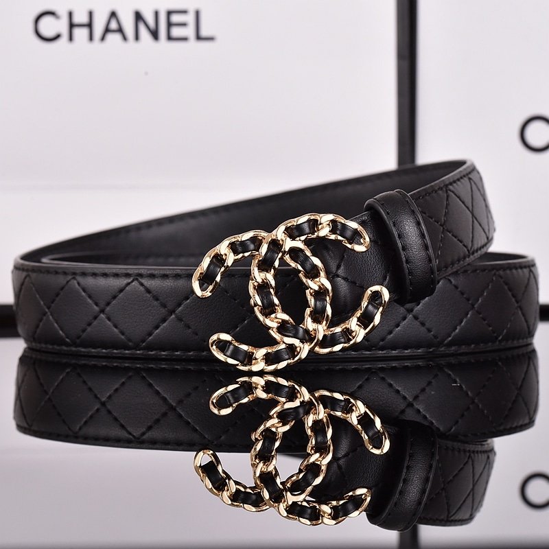 Ch**el Cc Belt Gold Chain And Black Leather 28Mm