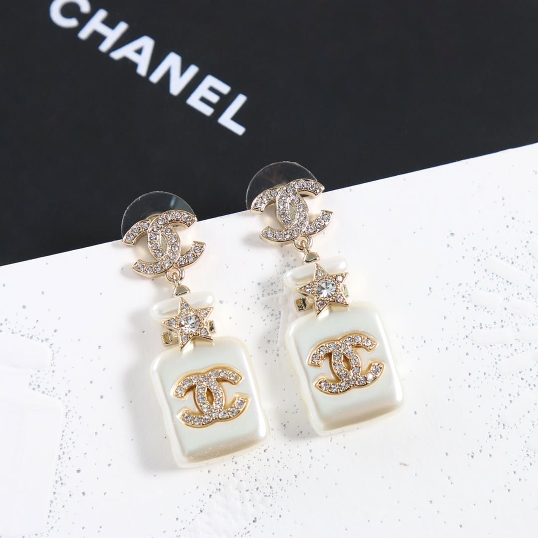 Ch**el Pearl Resin Crystal Cc Perfume Bottle Drop Earrings