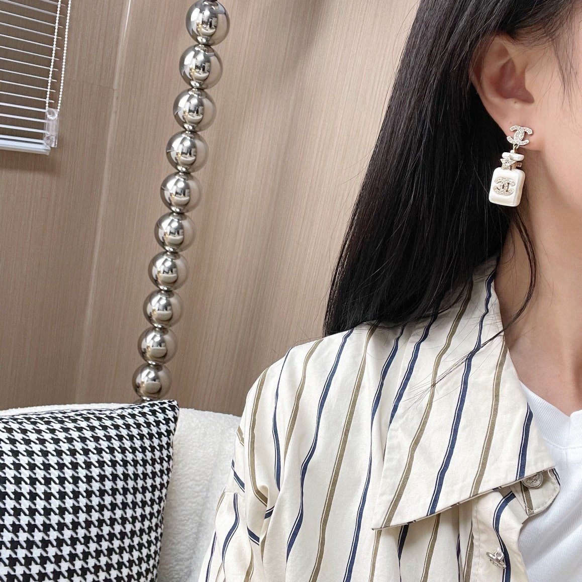 Ch**el Pearl Resin Crystal Cc Perfume Bottle Drop Earrings
