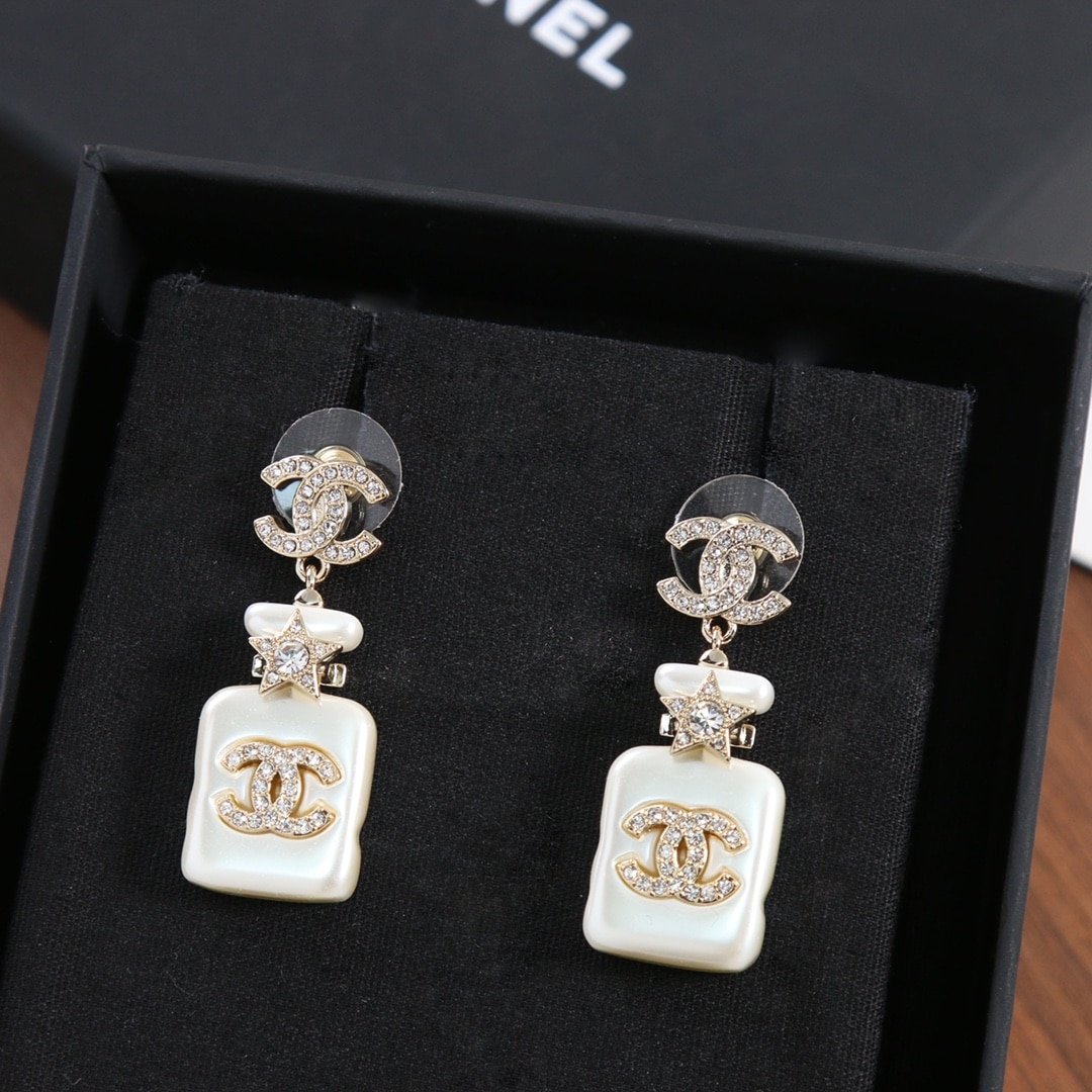 Ch**el Pearl Resin Crystal Cc Perfume Bottle Drop Earrings