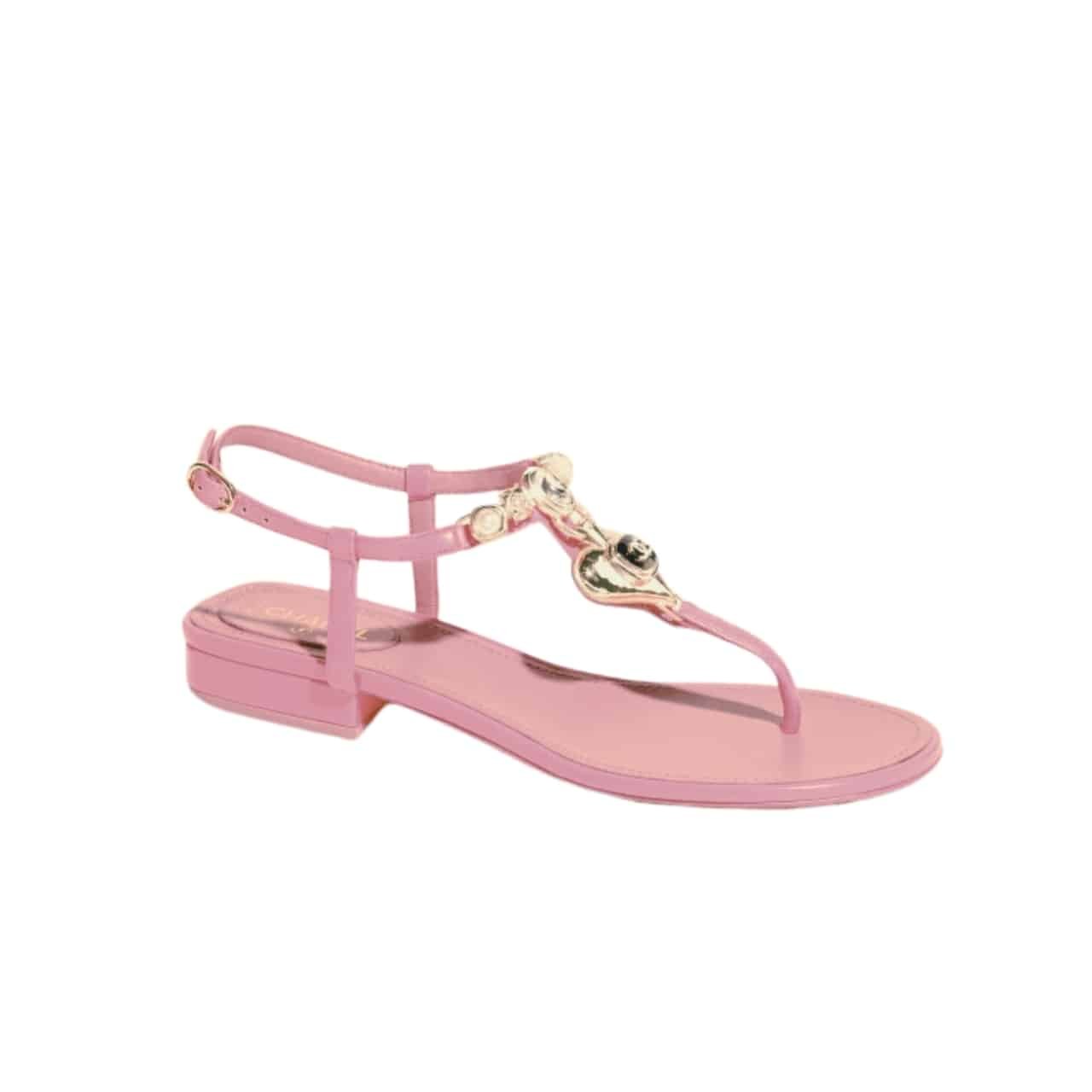 Ch**el Shiny Pearl Crystal Cc Heart Thong Sandals Light Pink