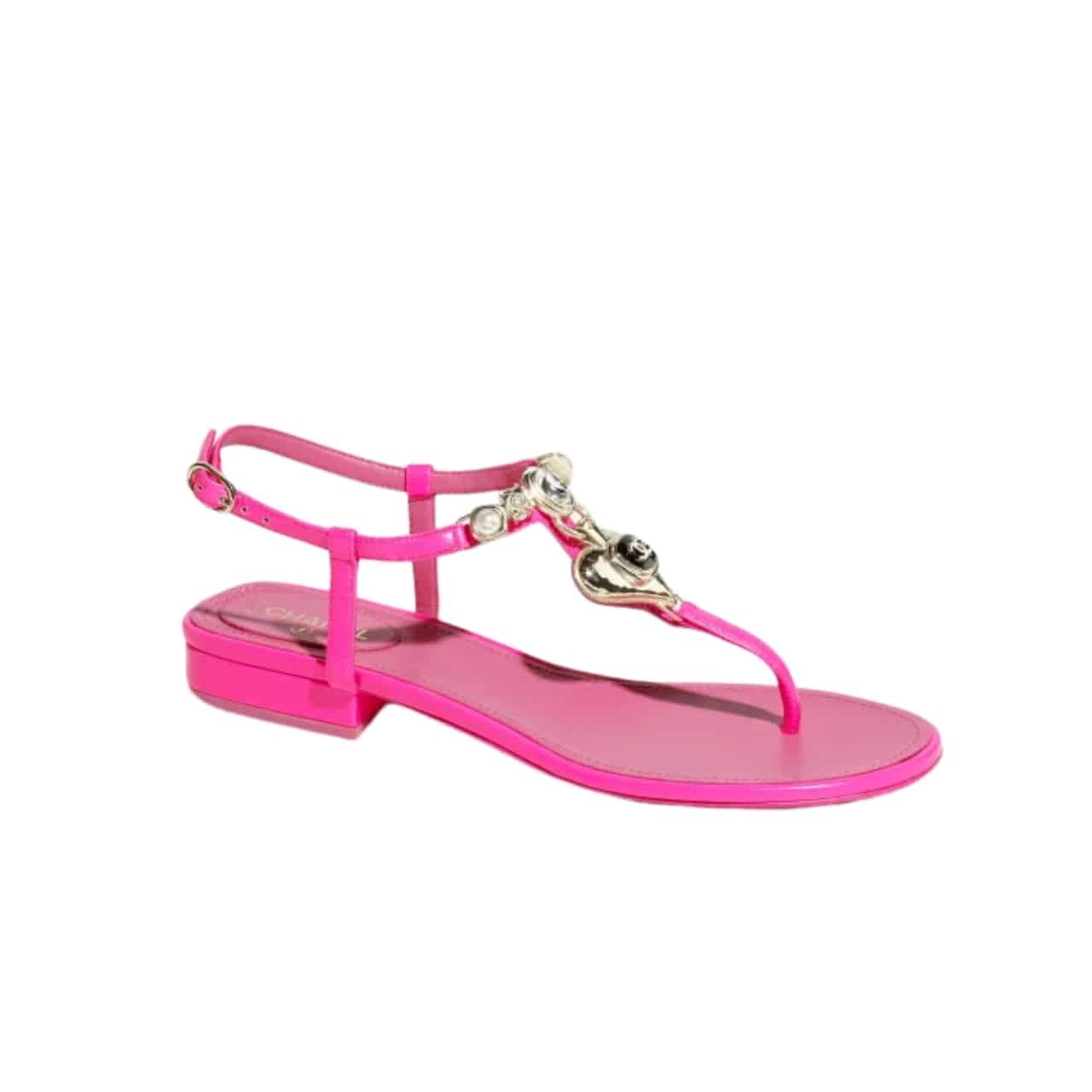 Ch**el Shiny Pearl Crystal Cc Heart Thong Sandals Pink