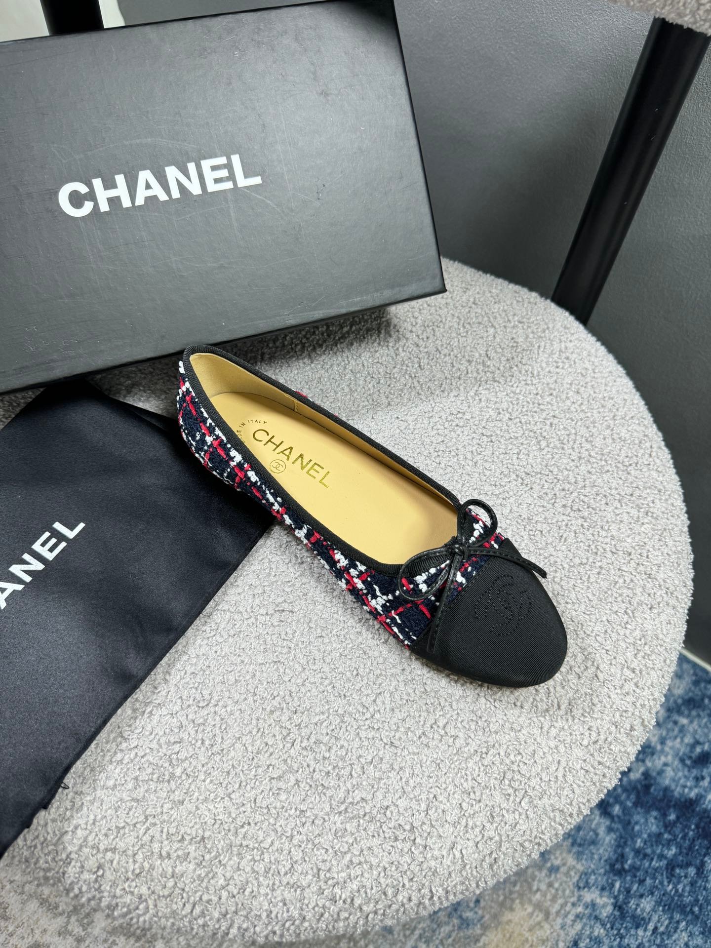 Ch**el Ballerina Flat Shoes Tweed In Black