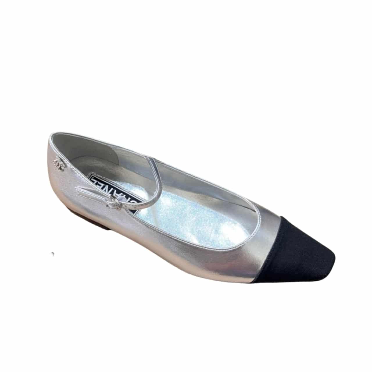 Ch**el Square Toe Ballet Flats Black Silver