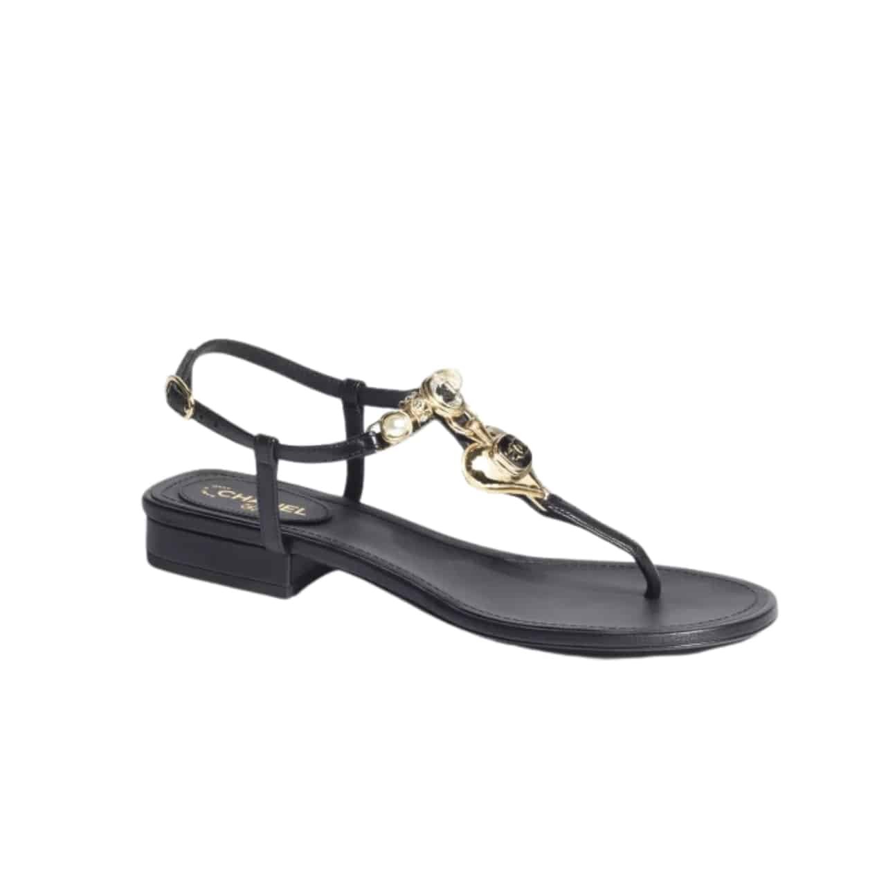 Ch**el Shiny Pearl Crystal Cc Heart Thong Sandals Black G39674 X01000 94305