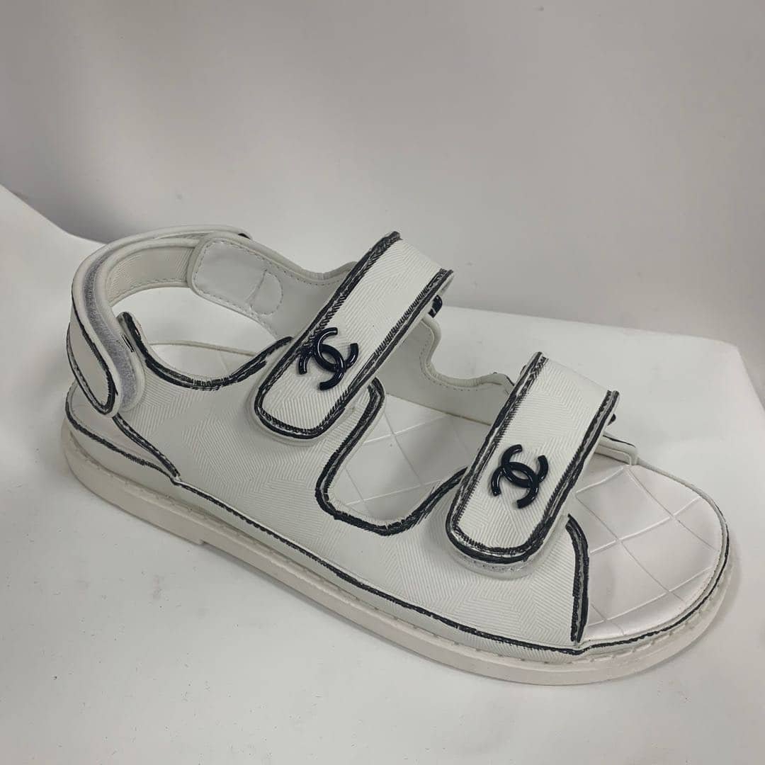 Ch**el Calfskin Printed Velcro Dad Sandals White Black