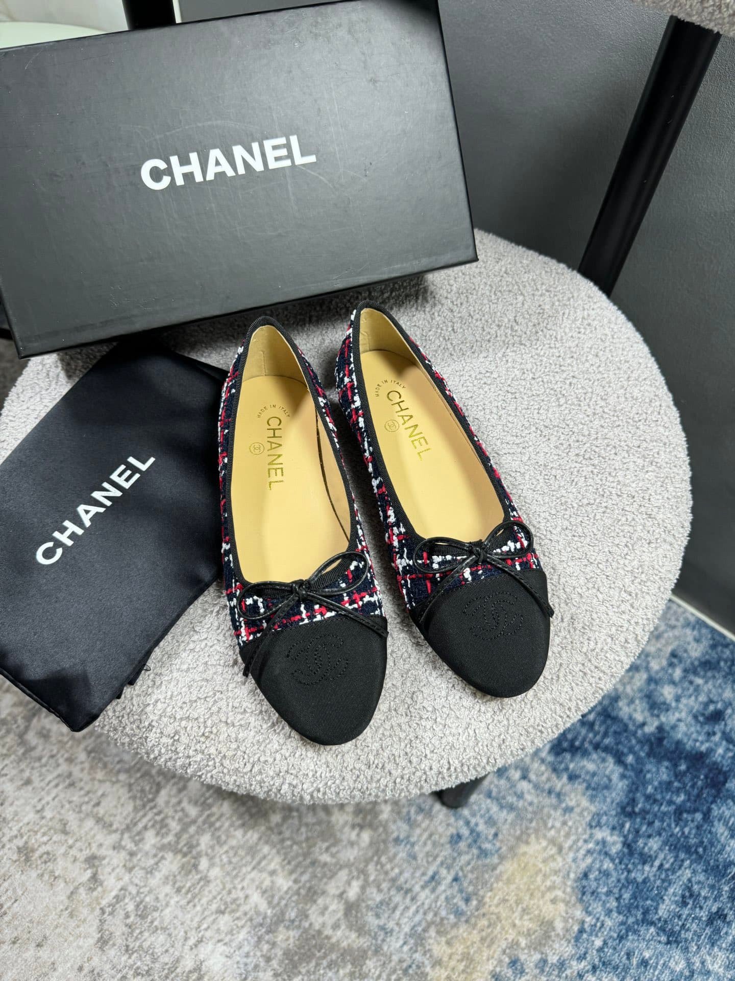 Ch**el Ballerina Flat Shoes Tweed In Black