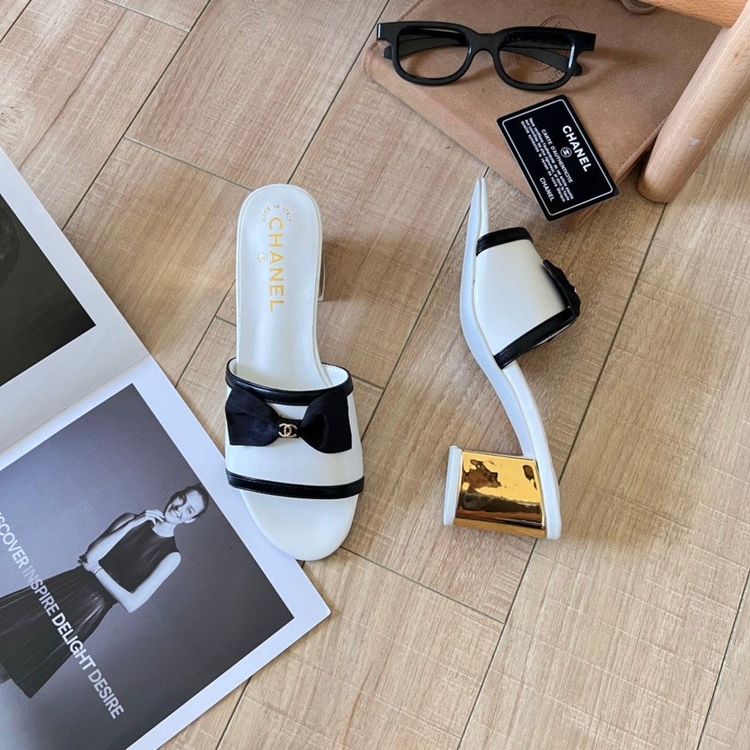 Ch**el Grosgrain Ribbon Bow Mule Leather White