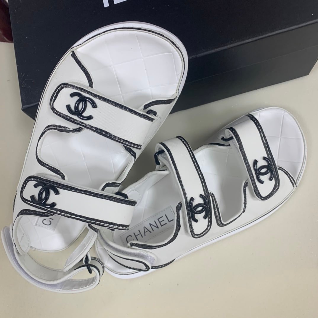 Ch**el Calfskin Printed Velcro Dad Sandals White Black