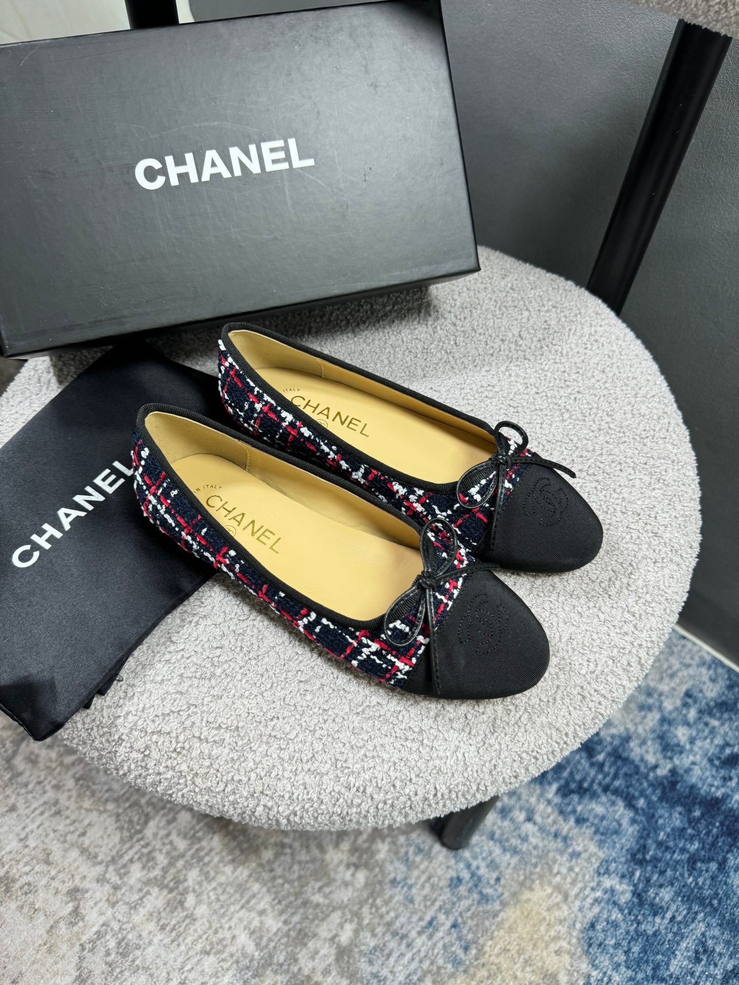Ch**el Ballerina Flat Shoes Tweed In Black