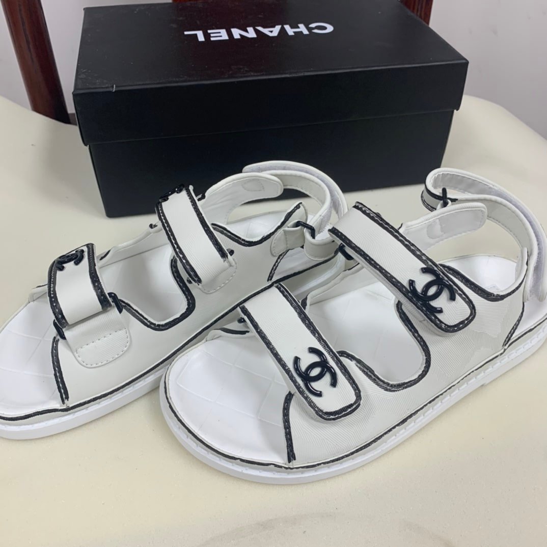 Ch**el Calfskin Printed Velcro Dad Sandals White Black