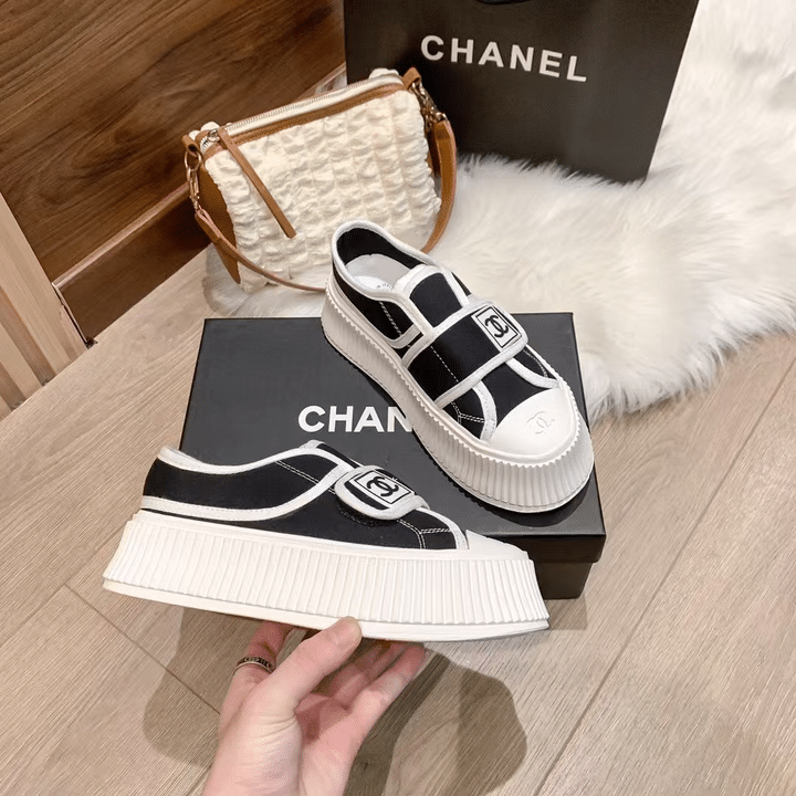 Ch**el White Cc Cap Toe Slipon Sneaker Black