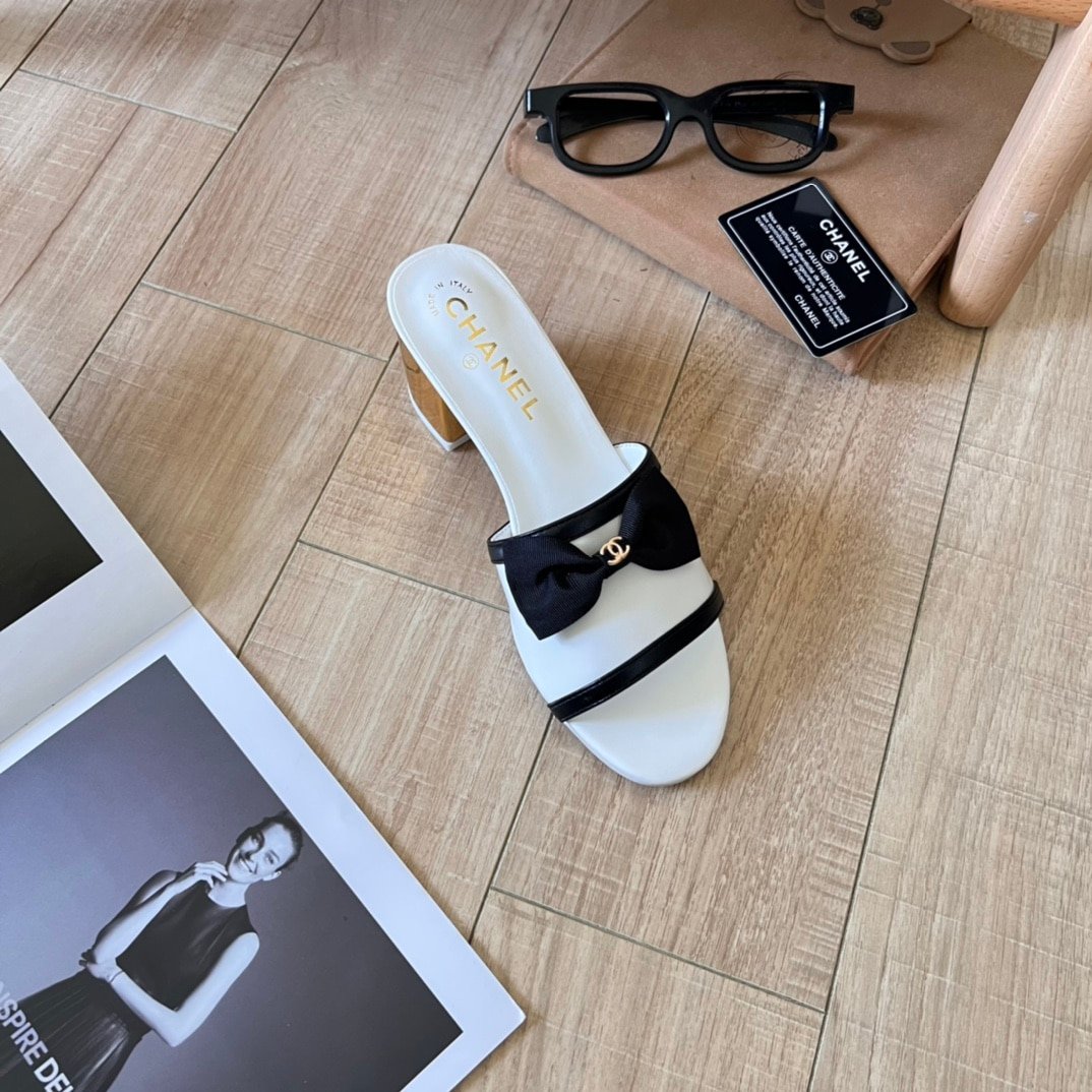 Ch**el Grosgrain Ribbon Bow Mule Leather White