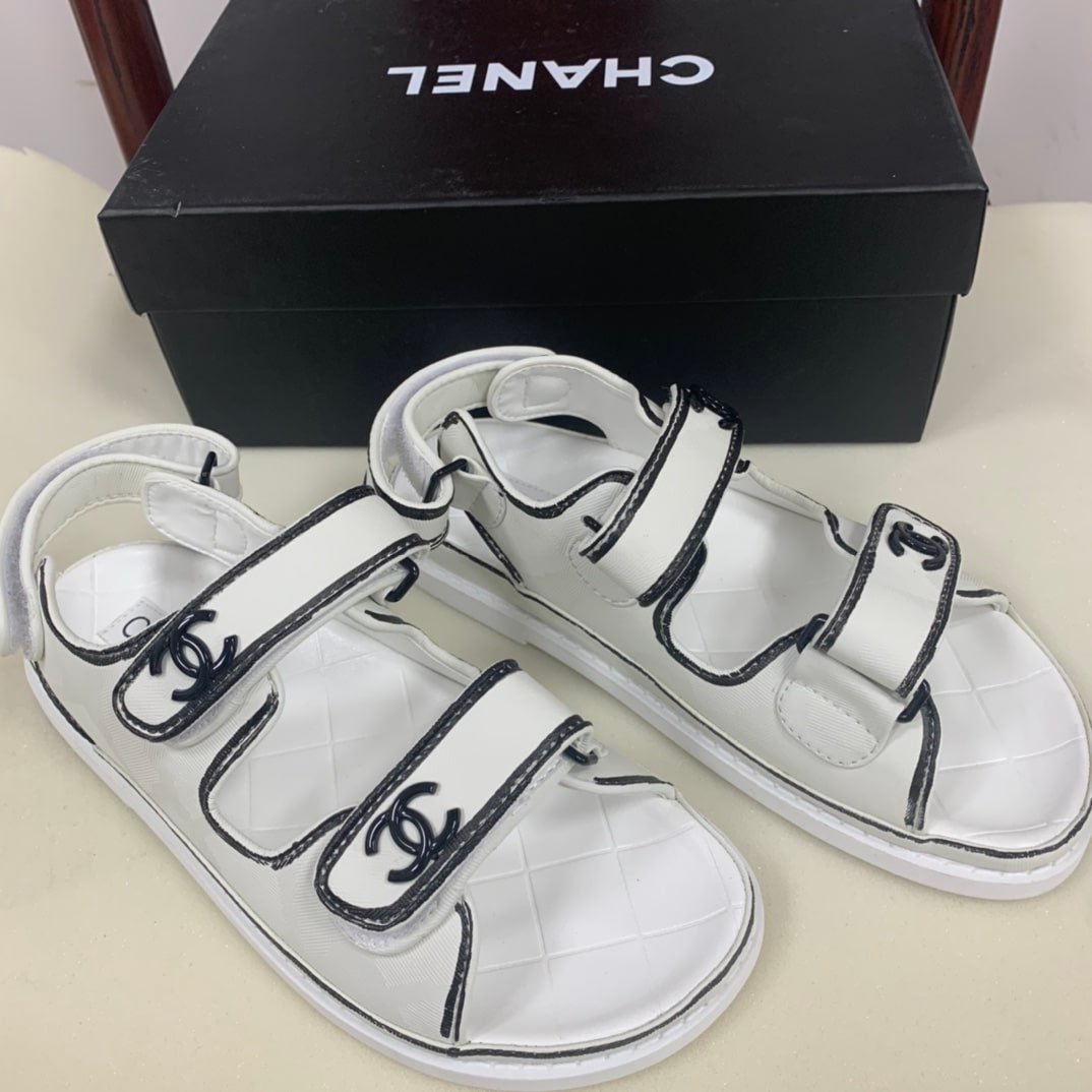 Ch**el Calfskin Printed Velcro Dad Sandals White Black
