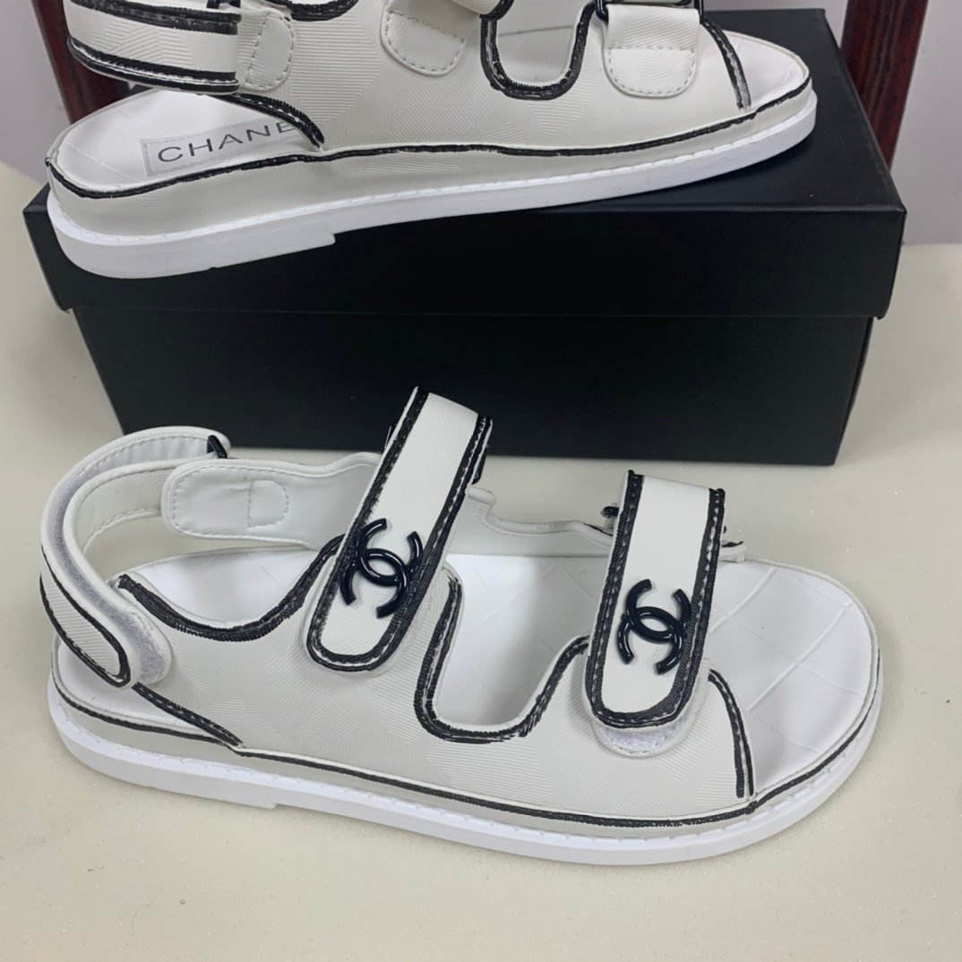 Ch**el Calfskin Printed Velcro Dad Sandals White Black