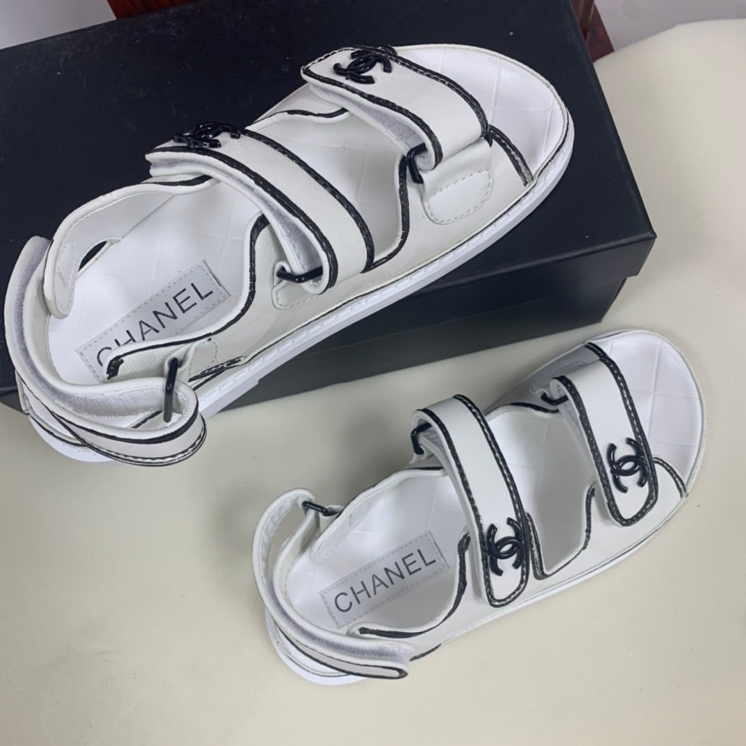 Ch**el Calfskin Printed Velcro Dad Sandals White Black