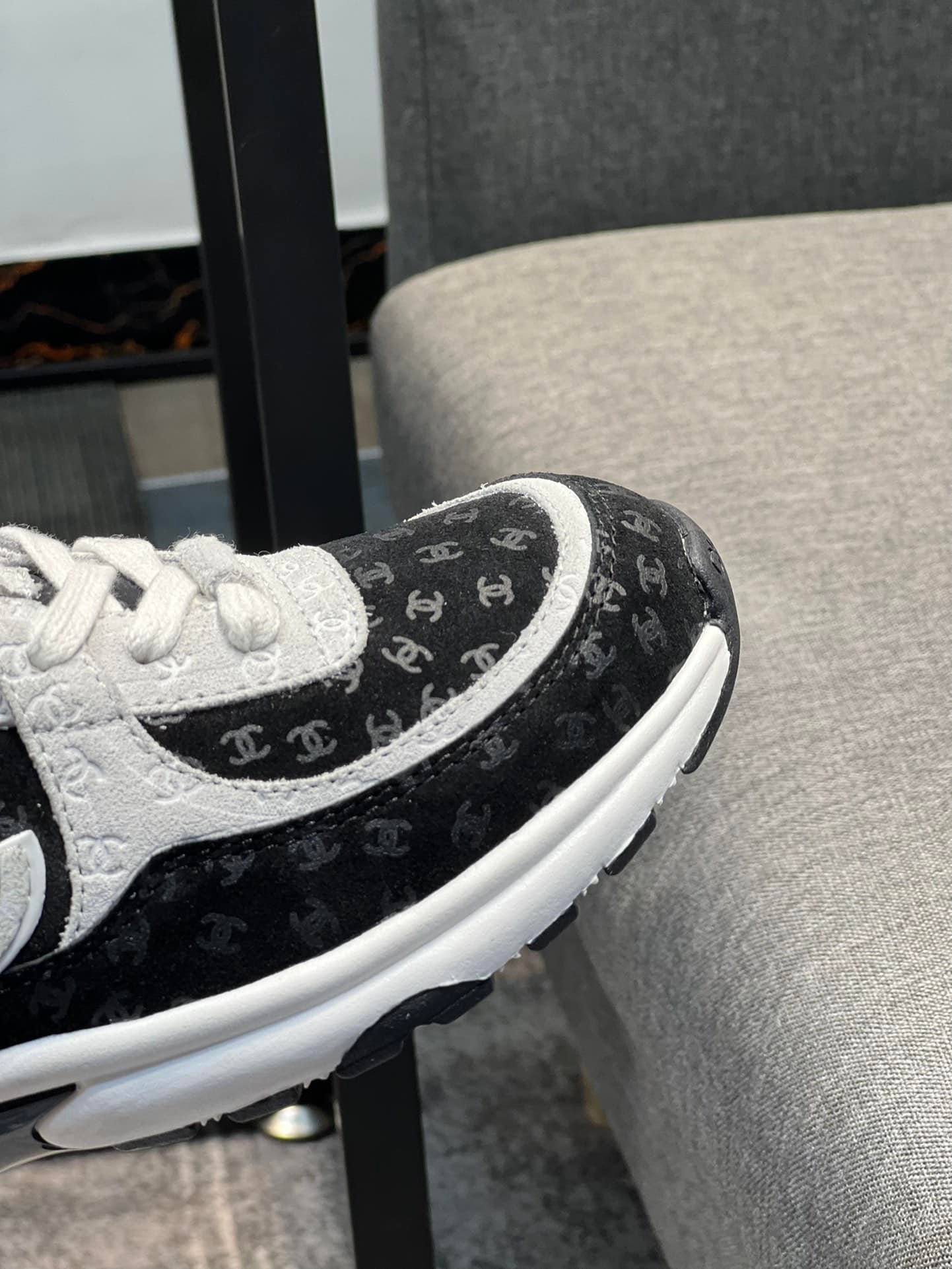Ch**el Cc Embossed Logo Suede Black White