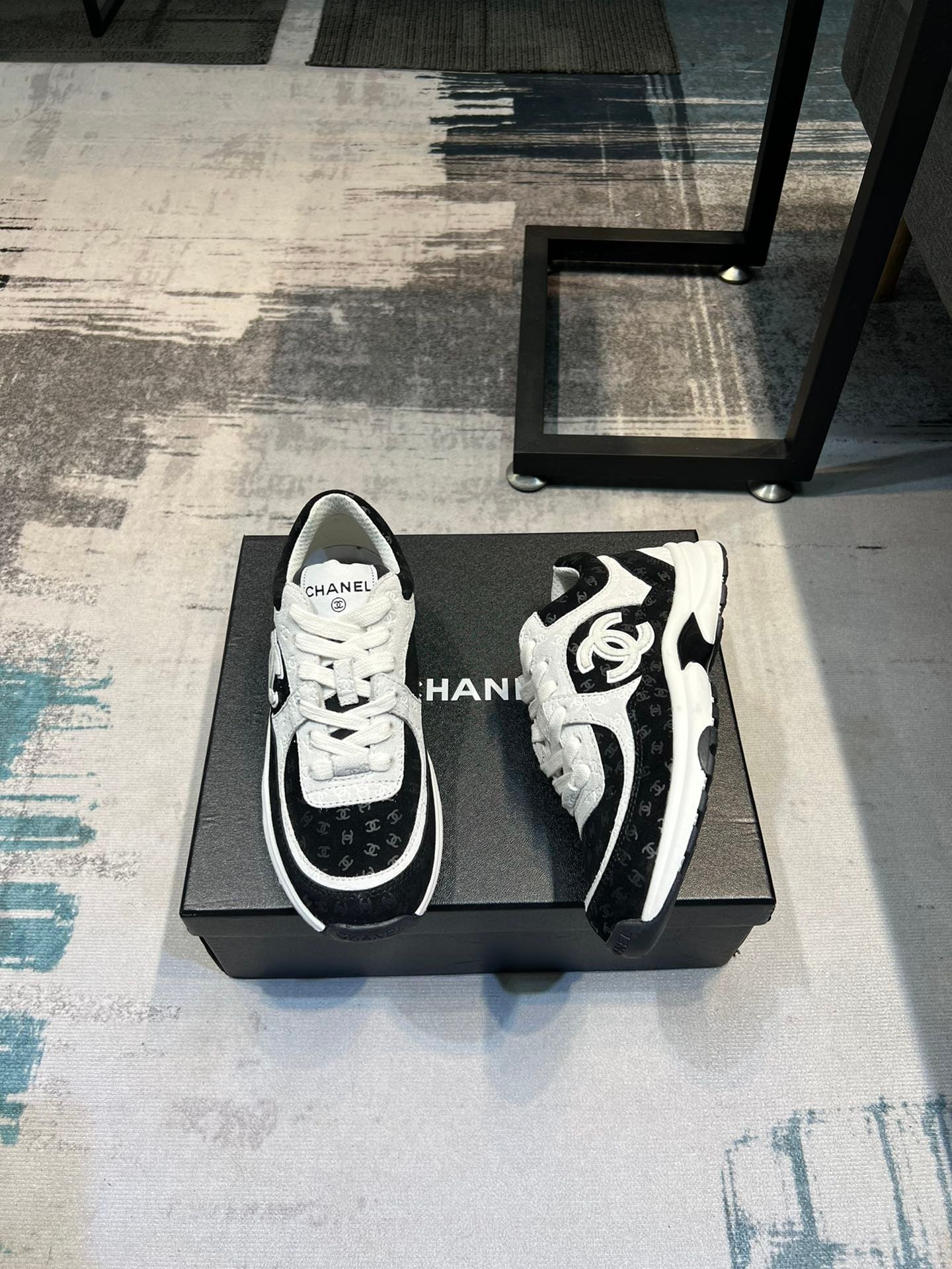 Ch**el Cc Embossed Logo Suede Black White