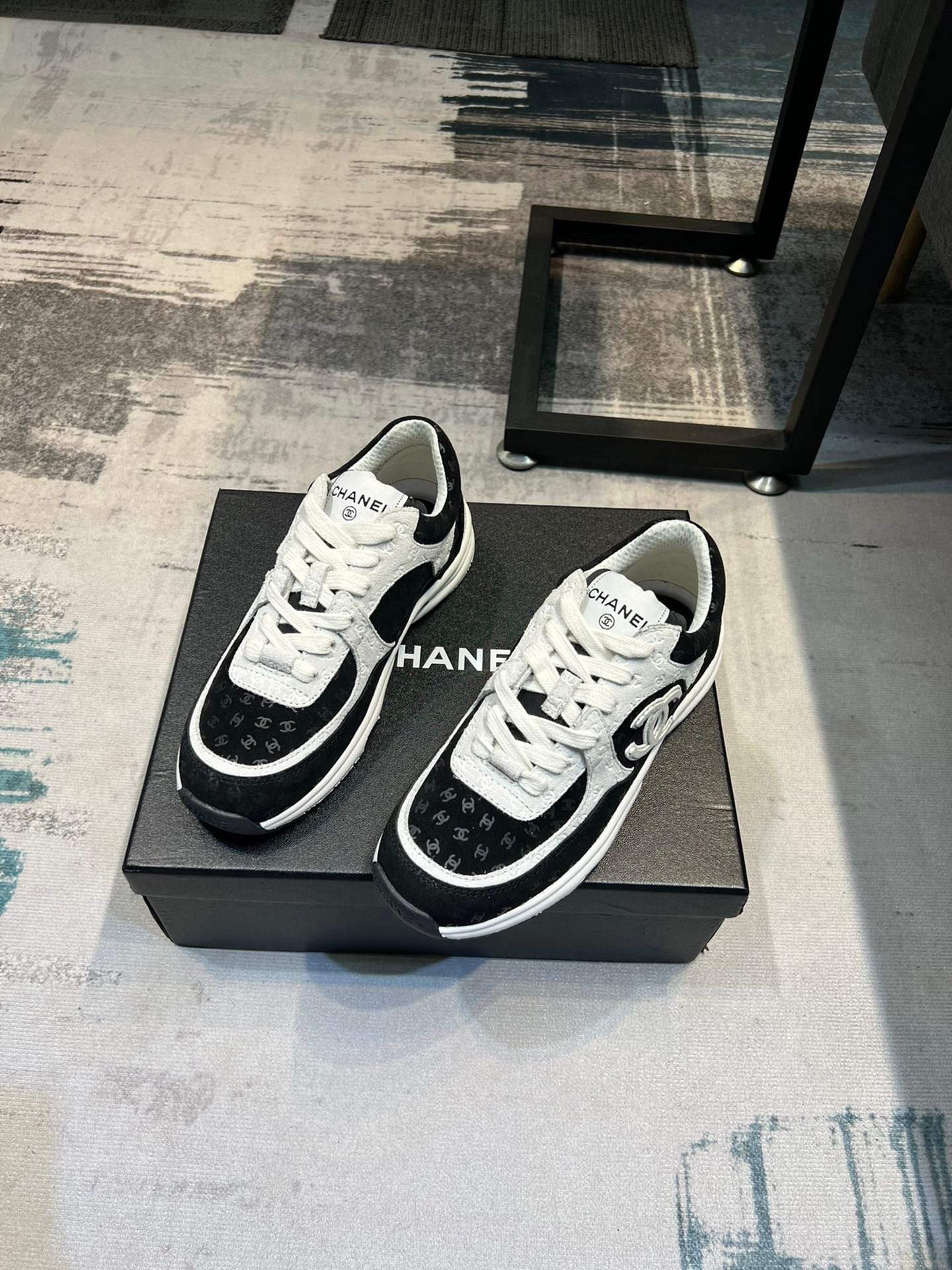 Ch**el Cc Embossed Logo Suede Black White
