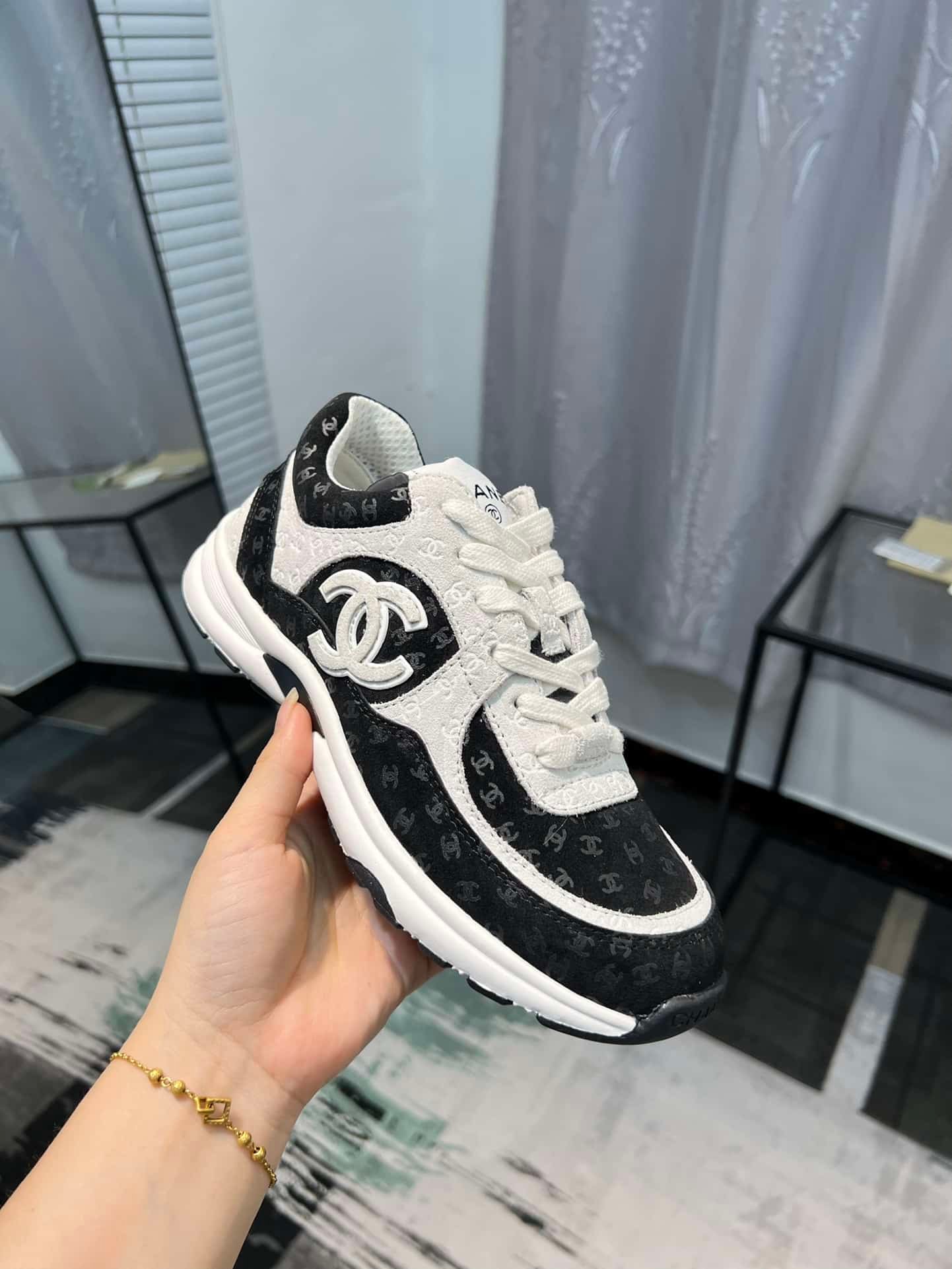 Ch**el Cc Embossed Logo Suede Black White