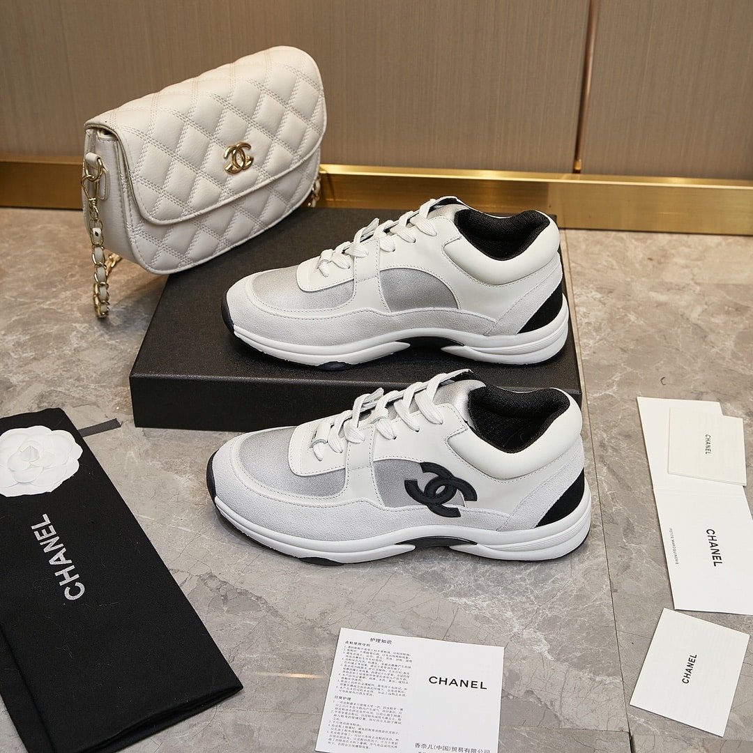 Ch**el Suede And Leather Cc Low Top Sneaker White Black