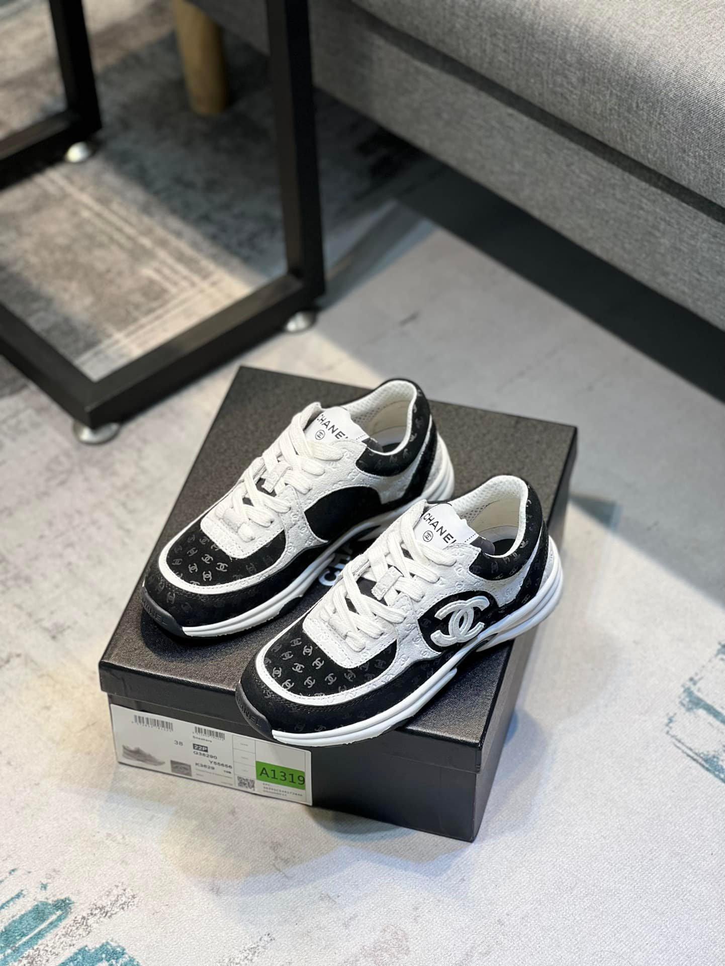 Ch**el Cc Embossed Logo Suede Black White