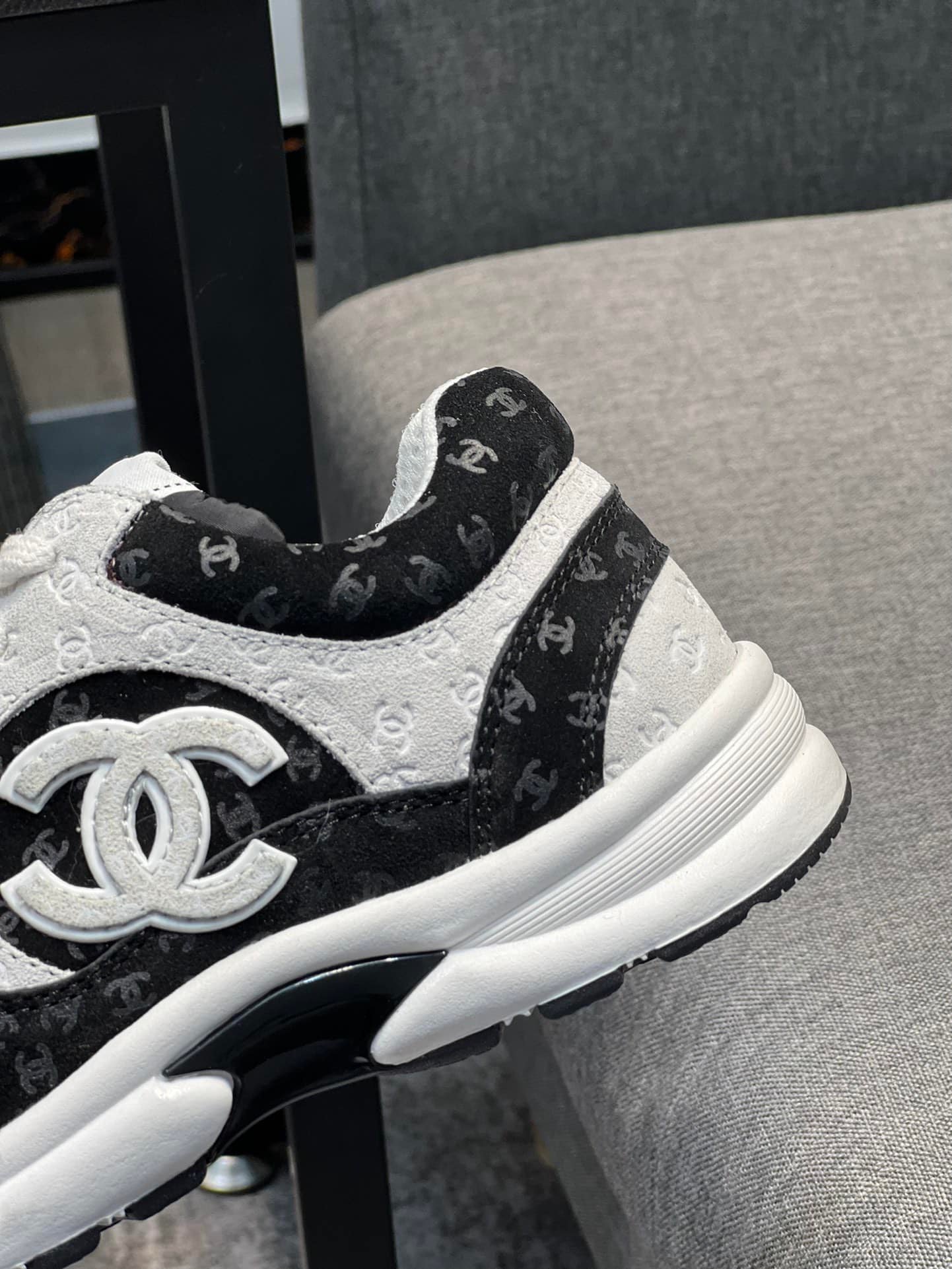 Ch**el Cc Embossed Logo Suede Black White
