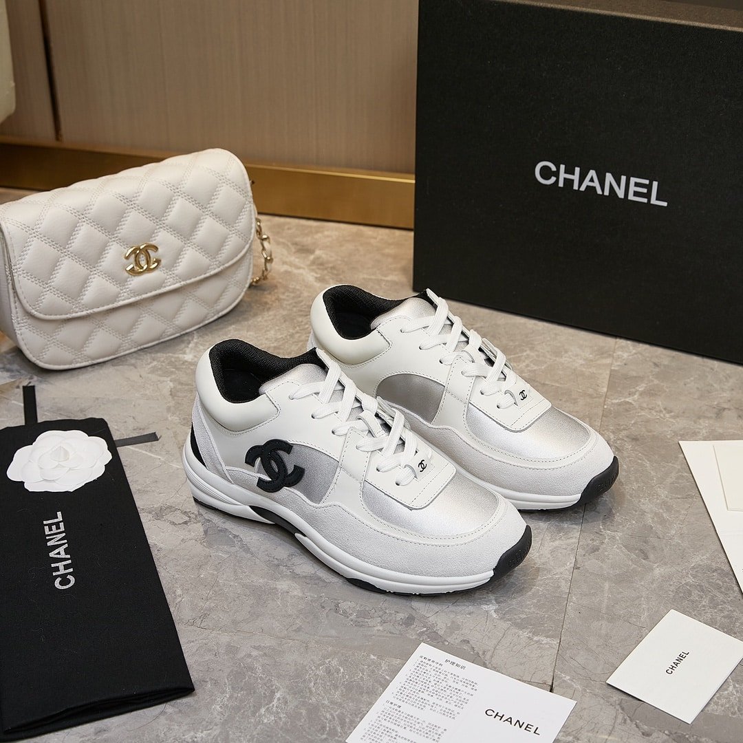 Ch**el Suede And Leather Cc Low Top Sneaker White Black