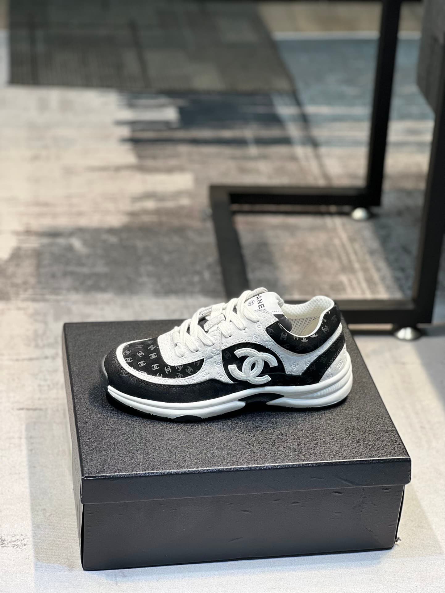 Ch**el Cc Embossed Logo Suede Black White