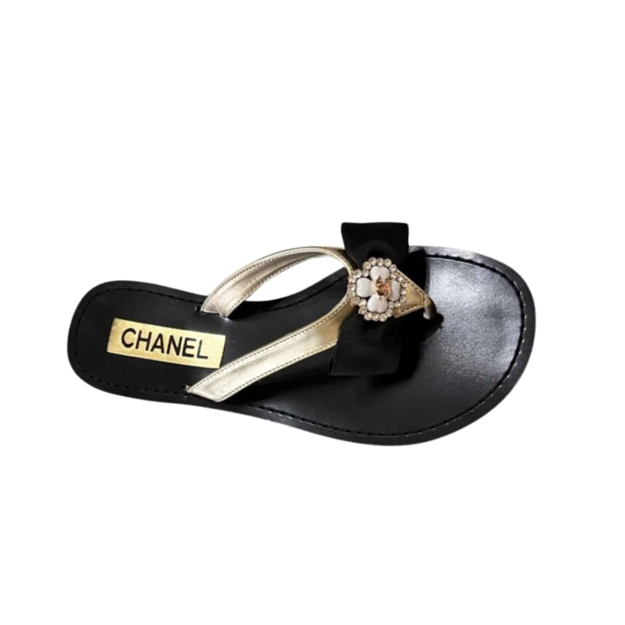 Ch**el Thong Slide White Camellia Cc Logo Bow Black