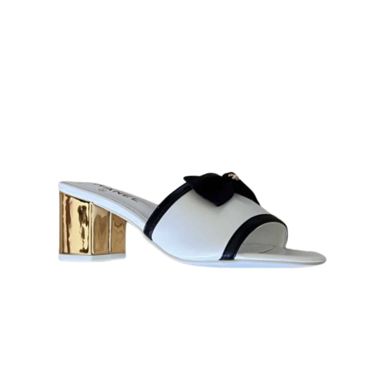 Ch**el Grosgrain Ribbon Bow Mule Leather White
