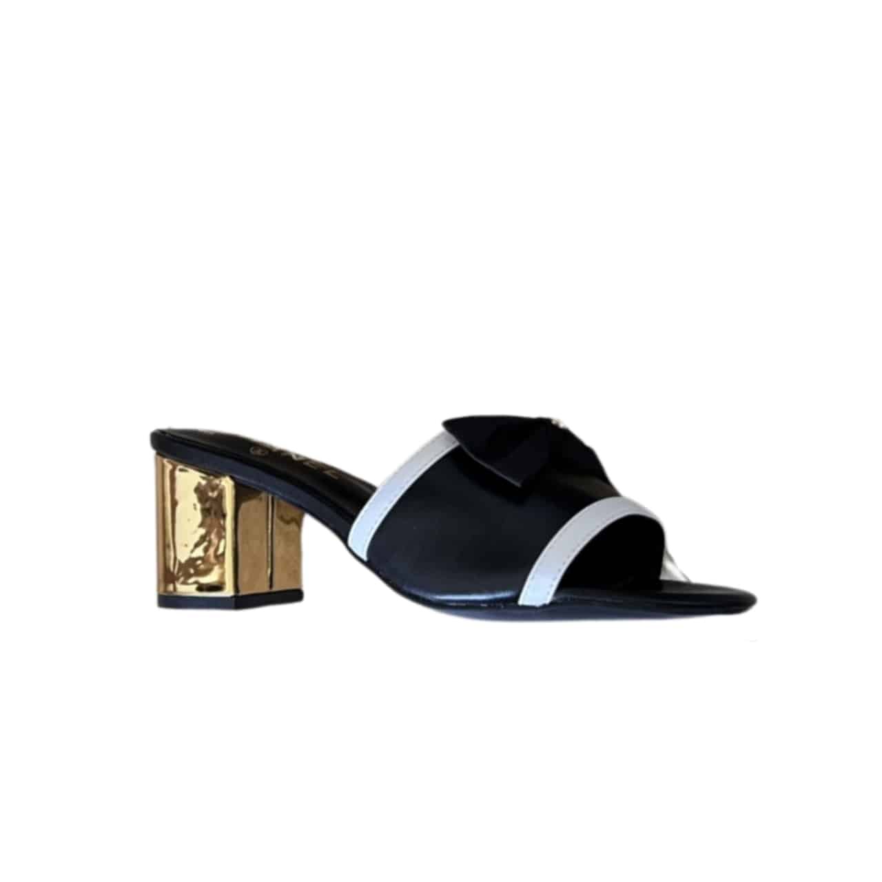 Ch**el Grosgrain Ribbon Bow Mule Leather Gold Black