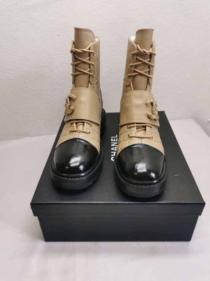 Ch**el Lace Up Boots Beige Black G39516 Y56261 K5119