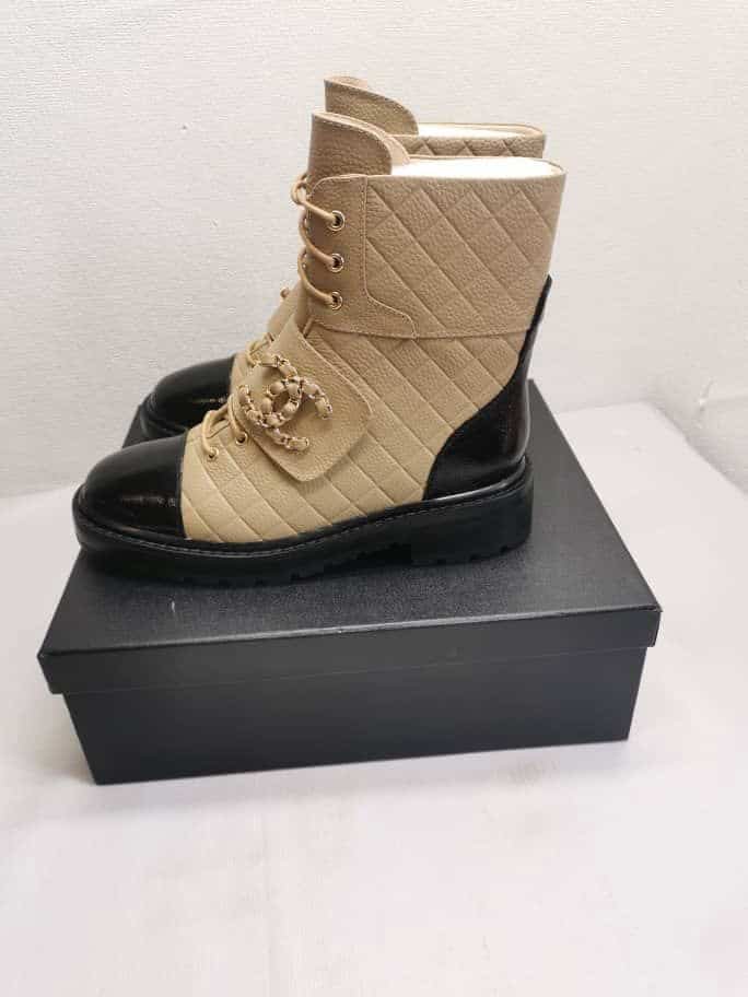 Ch**el Lace Up Boots Beige Black G39516 Y56261 K5119