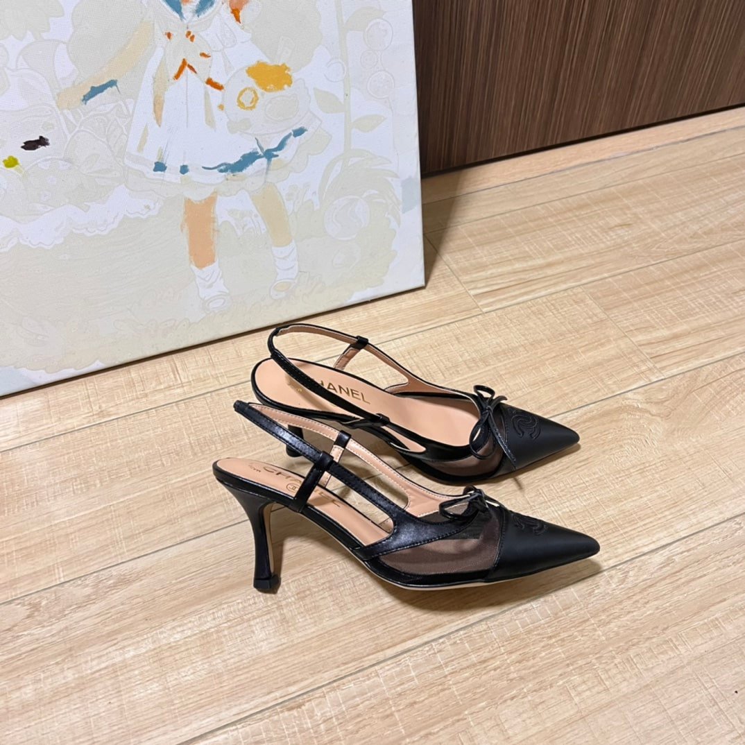 Ch**el Cc Leather Pointy Toe Pumps Slingbacks Sandals Black