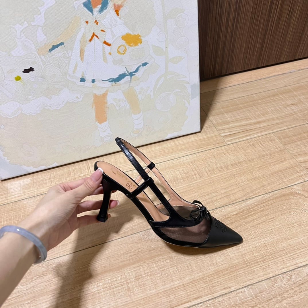Ch**el Cc Leather Pointy Toe Pumps Slingbacks Sandals Black