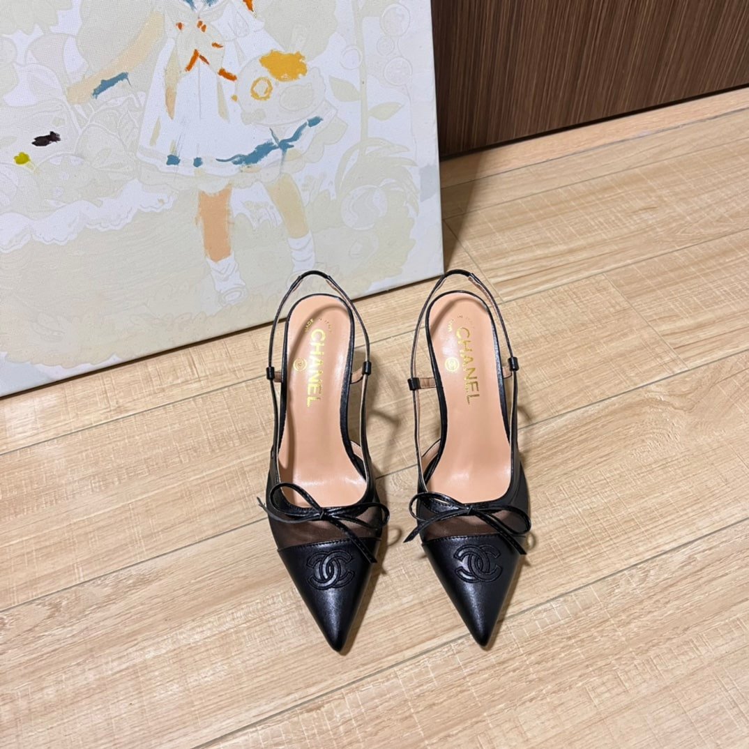 Ch**el Cc Leather Pointy Toe Pumps Slingbacks Sandals Black