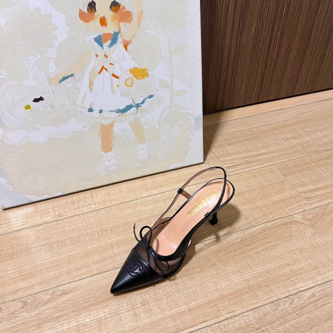 Ch**el Cc Leather Pointy Toe Pumps Slingbacks Sandals Black
