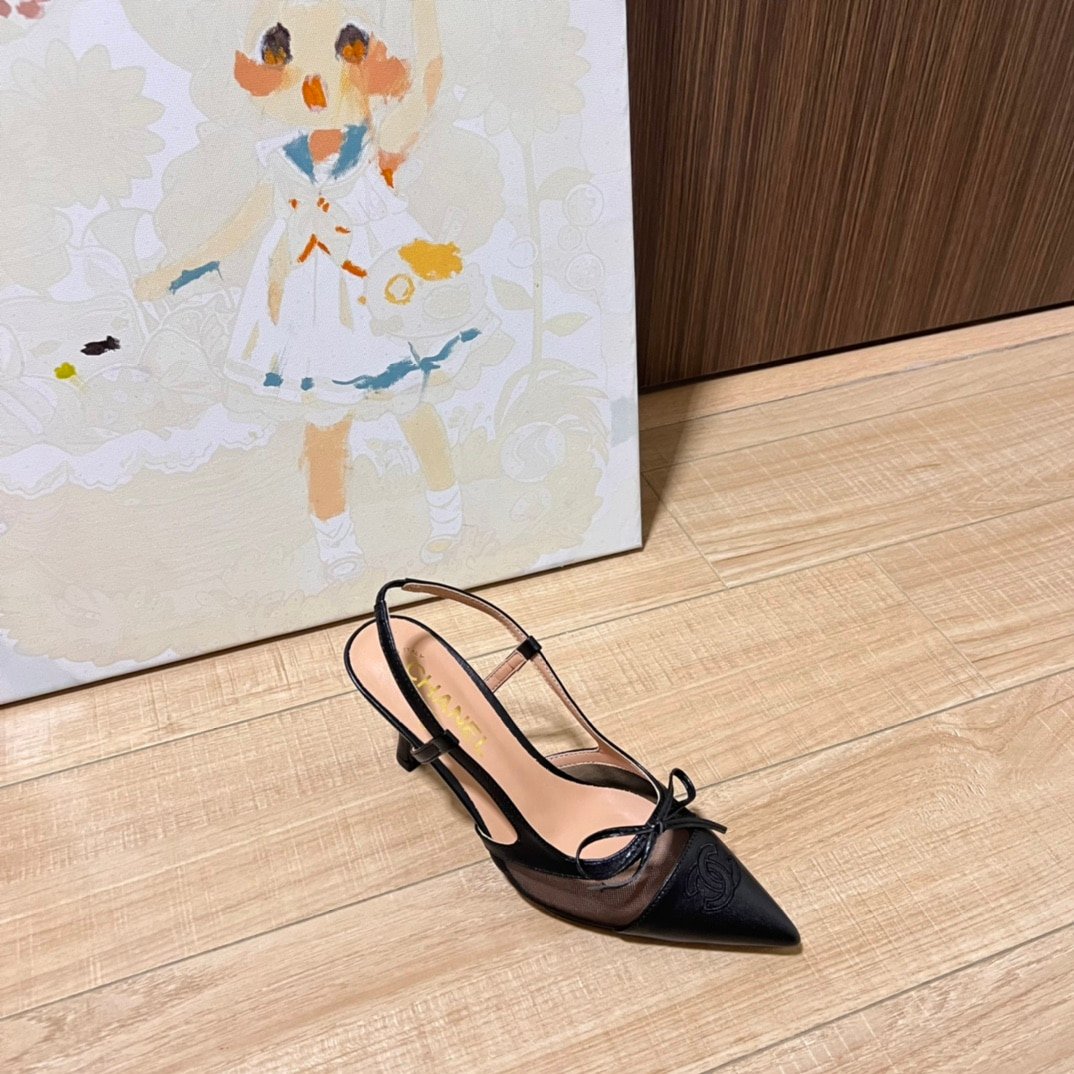 Ch**el Cc Leather Pointy Toe Pumps Slingbacks Sandals Black