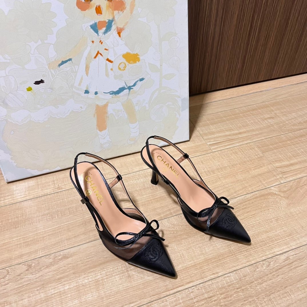 Ch**el Cc Leather Pointy Toe Pumps Slingbacks Sandals Black
