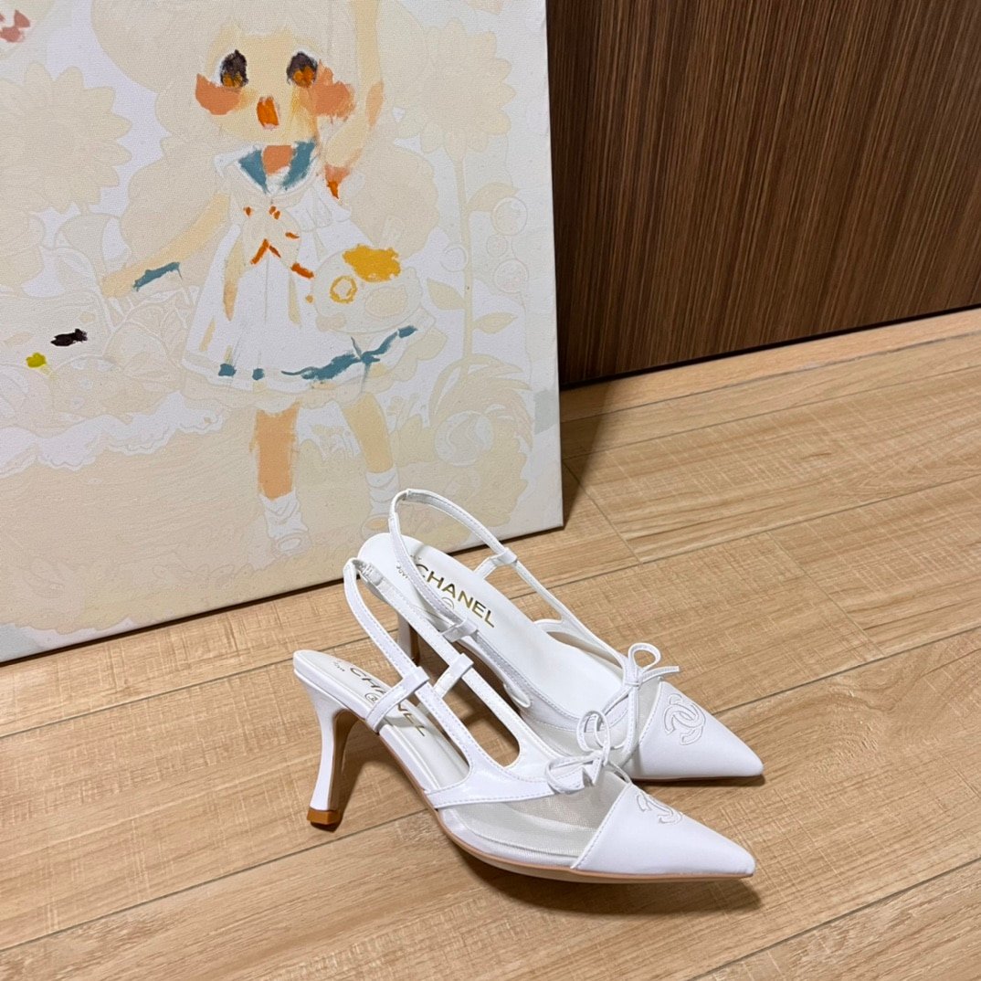 Ch**el Cc Leather Pointy Toe Pumps Slingbacks Sandals White
