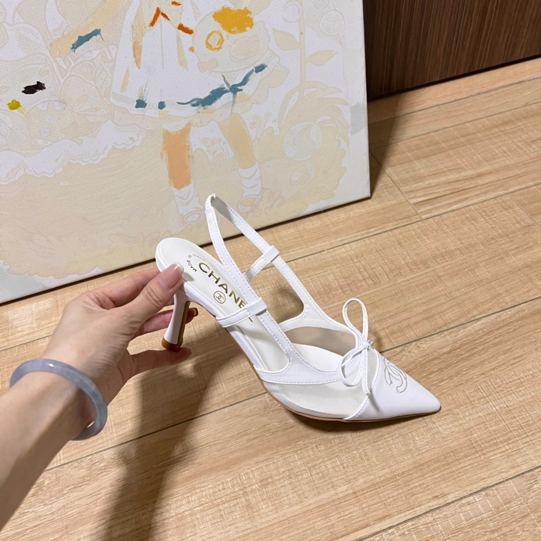 Ch**el Cc Leather Pointy Toe Pumps Slingbacks Sandals White