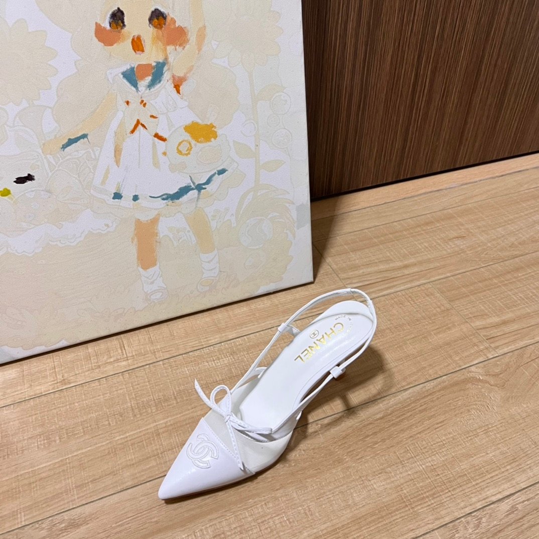 Ch**el Cc Leather Pointy Toe Pumps Slingbacks Sandals White