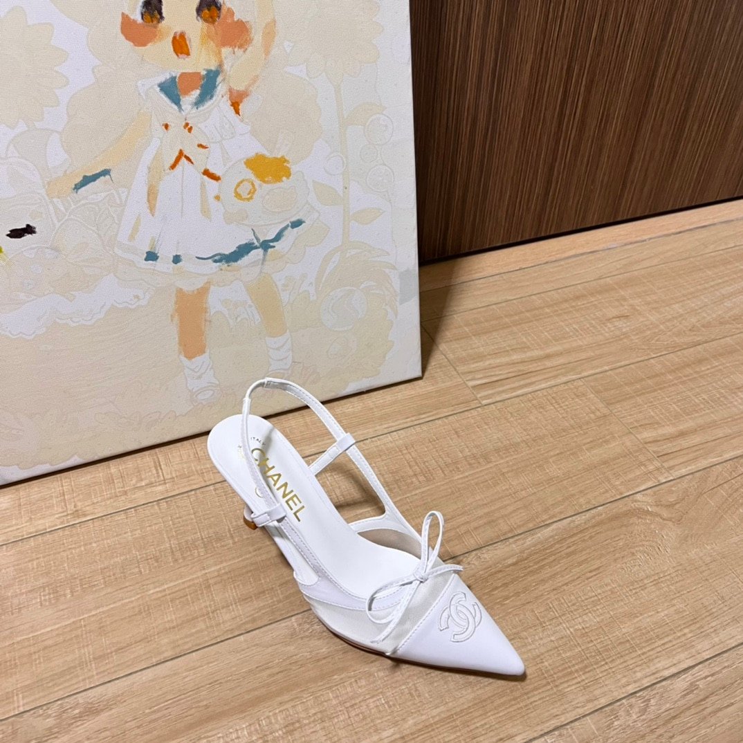 Ch**el Cc Leather Pointy Toe Pumps Slingbacks Sandals White